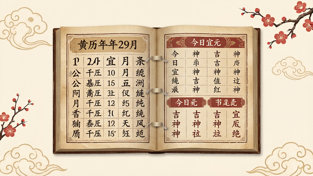 黄历万年日历应用主界面截图,画面中央展示一本翻开的传统老黄历,左页显示公历日期与农历干支,右页列出今日宜忌与吉神方位,背景为淡雅米黄色,四周点缀祥云与梅花图案,风格古朴典雅,排版工整清晰,画质细腻干净,无多余元素