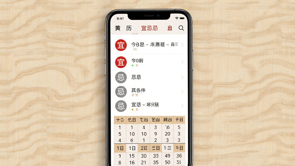 黄历万年日历每日宜忌详情页展示,画面中一部智能手机竖屏显示今日宜忌列表,宜字用红色圆形图标标注,忌字用灰色圆形图标标注,下方展示十二时辰吉凶表格,背景为浅木纹色,界面排版整齐,风格简约传统,画质清晰干净
