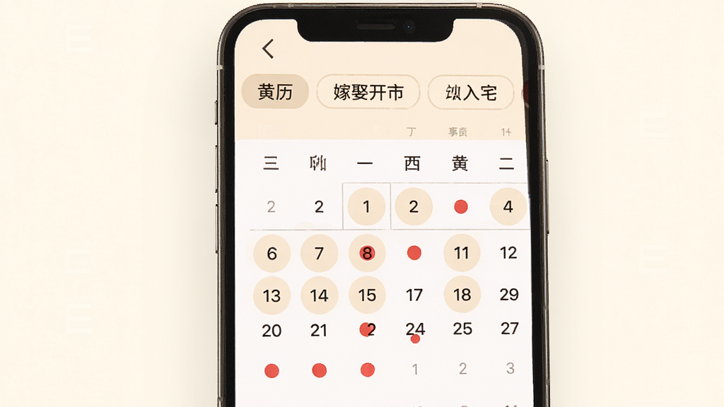 黄历万年日历黄道吉日查询界面,画面展示一部手机屏幕内呈现吉日筛选面板,上方有事项选择标签如嫁娶开市入宅,下方以日历网格形式高亮标注吉日,吉日以红色圆点标记,背景为暖白色,布局清晰,风格现代简洁,画质干净无多余元素