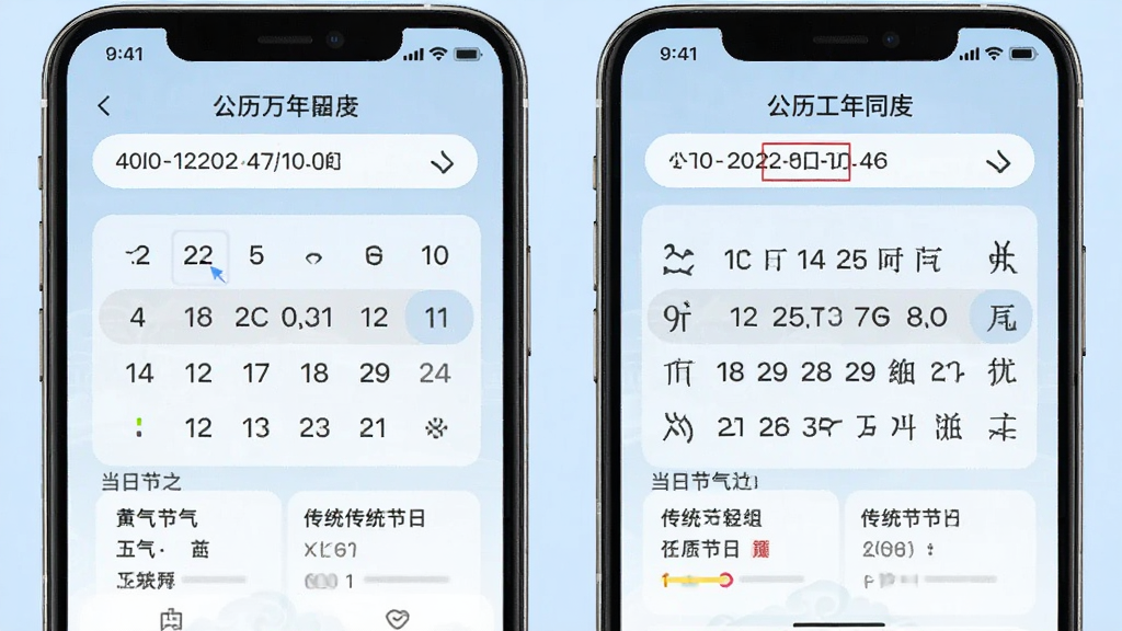 黄历万年日历公历农历转换工具界面,画面中手机屏幕显示日期转换输入框,左侧为公历日期选择器,右侧同步显示农历日期与干支生肖,下方列出当日节气与传统节日,背景为淡蓝色渐变,排版对称工整,风格清爽,画质细腻干净