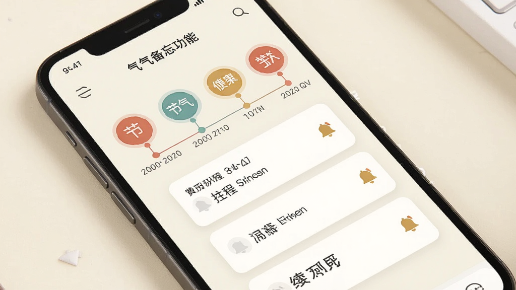 黄历万年日历节气提醒与备忘功能界面,画面中手机屏幕显示节气时间轴与日程列表,节气以圆形图标标注,日程项以卡片形式呈现并带有提醒铃铛图标,背景为米白色,排版清晰,风格简约,画质干净整洁