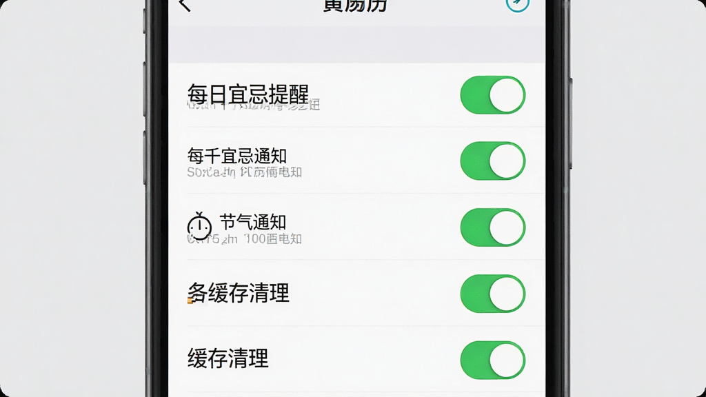 黄历万年日历设置与提醒功能展示图,画面中手机屏幕显示设置菜单列表,包含每日宜忌提醒、节气通知、缓存清理等选项,开关按钮以绿色高亮显示,背景为浅灰色,排版简洁清晰,风格实用,画质干净无多余元素