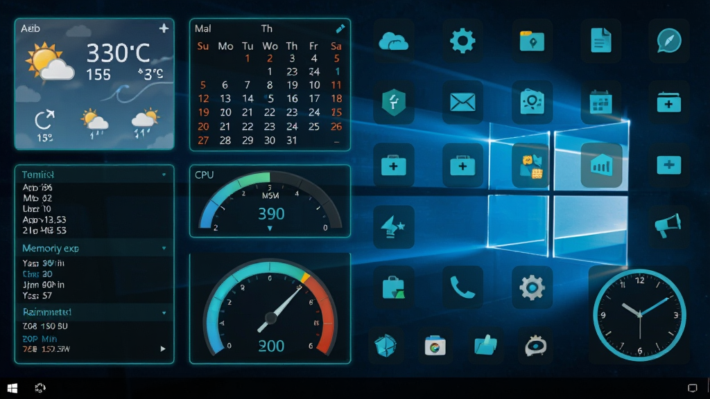 一张展示 Omnimo for Rainmeter 桌面美化效果的宽幅截图,画面主体是一台运行 Windows 系统的电脑桌面,桌面上整齐排列着天气信息面板、日历模块、CPU 与内存占用率仪表盘、快捷启动图标和时钟组件;布局采用左侧信息栏加右侧图标矩阵的排版方式;风格为现代扁平化科技风,深色背景搭配青蓝色发光线条;细节上体现模块之间的间距均匀、文字清晰可读、图标边缘锐利;画质为高清 4K,画面干净,无多余元素