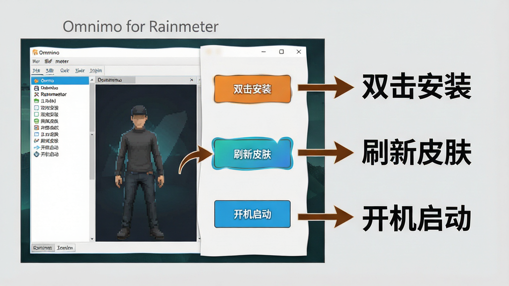 一张展示 Omnimo for Rainmeter 新手安装步骤的示意图,画面主体是电脑屏幕上 Rainmeter 管理器的皮肤列表界面,旁边有箭头标注“双击安装”“刷新皮肤”“开机启动”三个关键按钮;布局为左侧界面截图,右侧文字标注说明;风格为教程示意图风格,浅灰色背景;细节上按钮高亮显示,箭头清晰;画质高清,画面干净,无多余元素