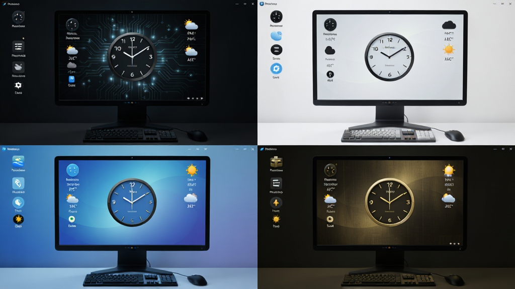 一张展示 Omnimo for Rainmeter 多风格切换功能的对比图,画面主体是同一台电脑桌面呈现四种不同配色方案,分别是深色科技风、浅色简约风、蓝色渐变风、暗金质感风;布局为四宫格排列,每格展示一种风格;风格为 UI 设计展示风;细节上每种风格的时钟、天气、图标颜色协调统一;画质高清,画面干净,无多余元素