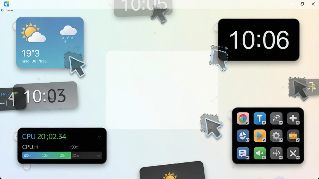 一张展示 Omnimo for Rainmeter 模块化组件拼装过程的特写图,画面主体是电脑屏幕上多个可拖拽的桌面小部件,包括天气卡片、数字时钟、CPU 监控条、快捷启动图标组;布局为模块散落在桌面四周,中间留出空白区域;风格为现代 UI 设计展示风,浅色渐变背景;细节上每个模块带有轻微阴影和圆角,拖拽时有半透明轮廓;画质高清,画面干净,无多余元素