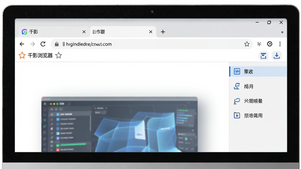 千影浏览器软件主界面预览图,主体为电脑屏幕上打开的浏览器窗口,布局为顶部多标签栏、中部网页内容区、右侧快捷工具栏,排版整洁有序,风格为现代简约科技风,细节包含清晰的地址栏图标、书签栏与下载按钮,画质高清,画面干净,无多余元素