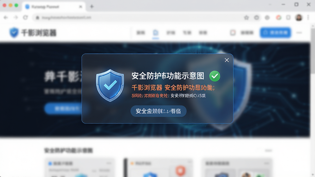 千影浏览器安全防护功能示意图,主体为浏览器界面中弹出的安全拦截提示框,布局为居中弹窗、背景为模糊网页,排版简洁,风格为科技安全风,细节包含盾牌图标、绿色对勾与风险提示文字,画质高清,画面干净,无多余元素
