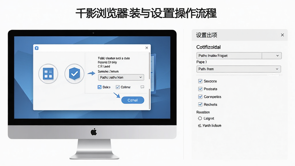 千影浏览器安装与设置操作流程图,主体为电脑屏幕上的安装向导界面与设置面板,布局为左右分栏,左侧为安装步骤、右侧为设置选项,排版清晰,风格为扁平化教程风,细节包含勾选框、路径选择框与完成按钮,画质高清,画面干净,无多余元素