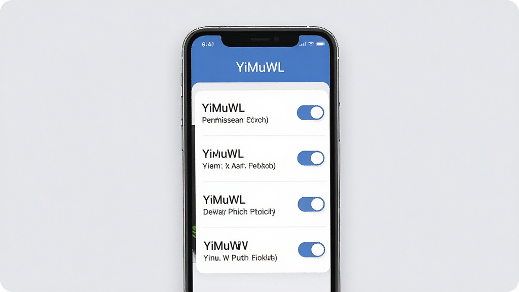 一张展示YiMuWL权限管理界面的示意图,画面中手机屏幕显示权限列表,每项权限旁有开关按钮和简短说明文字,顶部标注“YiMuWL”名称,背景为柔和浅灰色,风格简约商务,细节清晰,画质干净,无多余元素