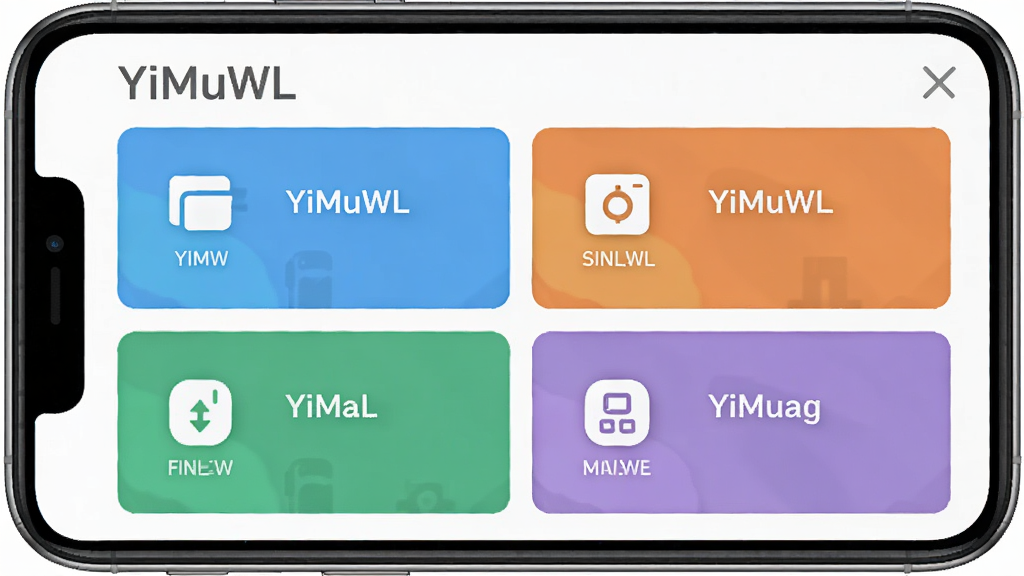 一张展示YiMuWL功能模块布局的示意图,画面以手机界面为框架,清晰标注“YiMuWL”软件名称,各功能区块用不同颜色区分并配有简洁图标,整体排版规整,风格扁平化,细节精致,画质干净,无多余元素