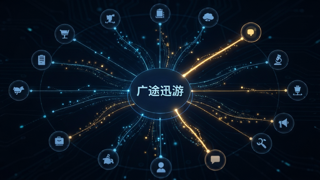 画面主体为一张抽象网络拓扑图,中心位置标注“广途迅游”字样,四周分布多个代表不同地区节点的圆形图标,节点之间以发光线条连接,其中一条线路以高亮颜色突出显示为优选线路,布局采用中心放射状排版,风格为深色科技数据风,细节上线条带有流动光点,节点图标简洁清晰,画质干净,无多余元素。