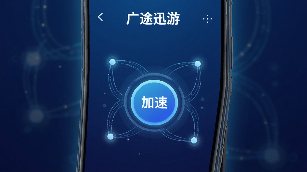 画面主体为一部竖屏安卓手机,手机屏幕内展示“广途迅游”APP主界面,界面中央有一个醒目的圆形加速按钮,按钮周围环绕着代表网络节点的光点与连接线条,手机背景为深蓝色科技感渐变,布局采用居中构图,手机略微倾斜展示,风格为现代扁平化科技风,细节上屏幕边缘有微弱光晕,连接线条呈现流动数据感,画质清晰,画面干净,无多余元素。