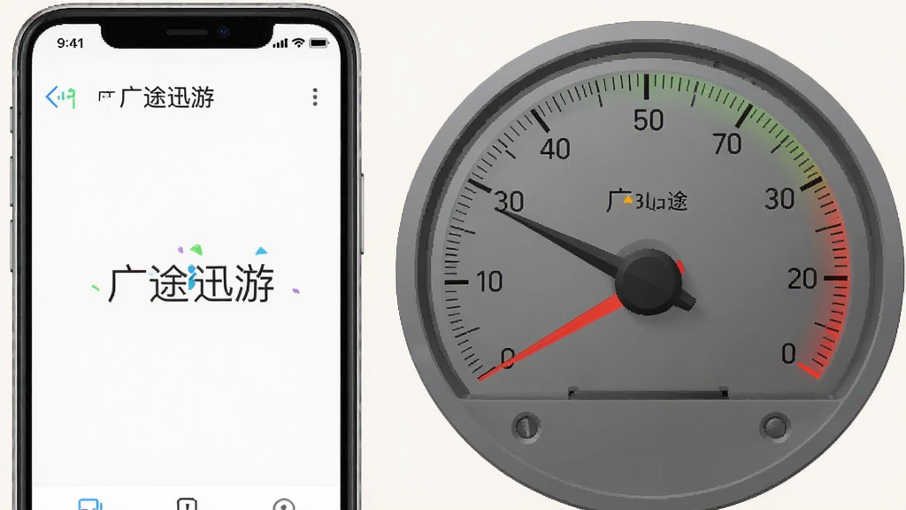 画面主体为一部手机与一块代表资源占用的仪表盘并排展示,手机屏幕显示“广途迅游”运行界面,仪表盘指针指向较低数值区域,布局采用左右对比排版,风格为简洁信息图风,细节上仪表盘刻度清晰,手机界面干净,背景为纯色浅底,画质干净,无多余元素。