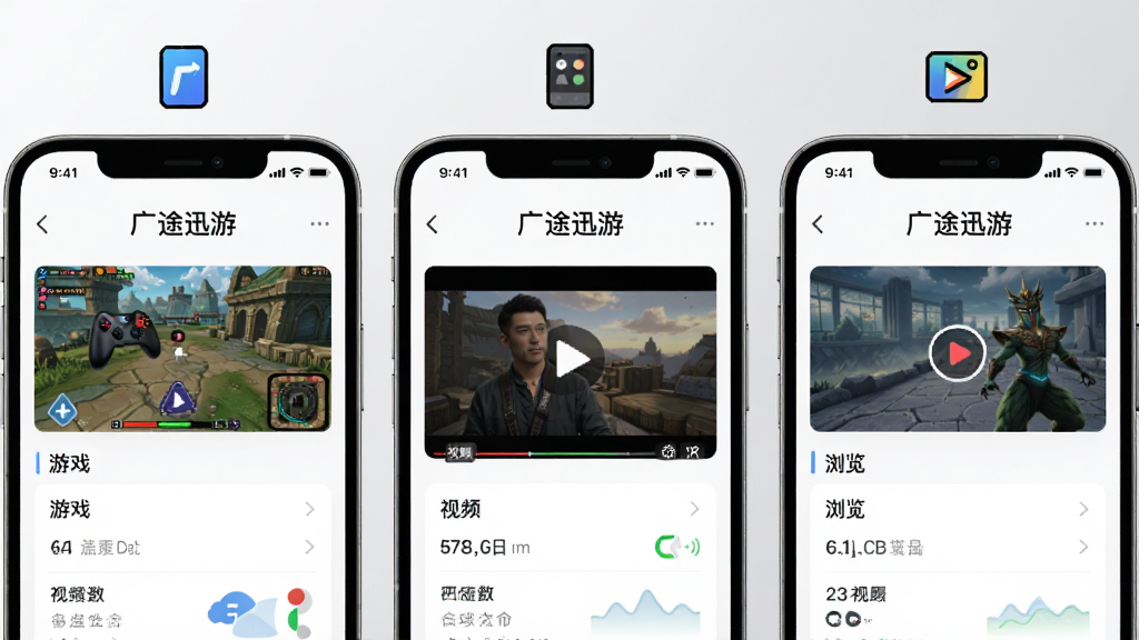 画面主体为三块并排的手机屏幕,分别展示“广途迅游”在游戏、视频、浏览三种场景下的加速状态界面,每块屏幕上方有对应场景的小图标,布局采用横向三等分排版,风格为现代简约科技风,细节上屏幕内容清晰可辨,背景为浅灰渐变,画质干净,无多余元素。