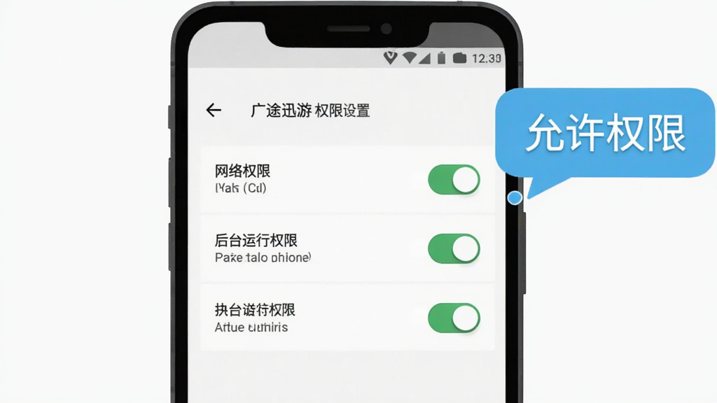 画面主体为一部安卓手机展示“广途迅游”的权限设置引导页面,页面内包含网络权限、后台运行权限等开关选项,手机旁边放置一个提示气泡标注“允许权限”,布局采用手机居中加气泡点缀的排版,风格为扁平化教程示意图风,细节上开关状态清晰,背景为浅色纯底,画质干净,无多余元素。