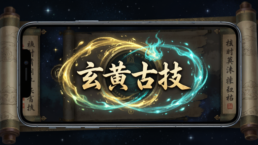 画面中央放置一部智能手机,手机屏幕显示古风玄幻风格的技能界面,界面中有