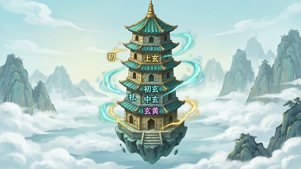 一张竖版手机应用截图风格插画,画面中展示一座悬浮的古代石塔,塔身每一层标注不同颜色的功法等级文字,如