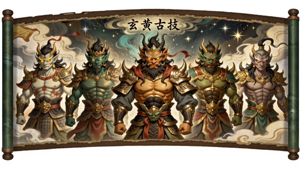 一幅横向展开的国风画卷式插画,画卷中依次排列多位玄黄古神的形象,每位古神身着不同风格的古装铠甲,神态庄严,背景有云雾与星辰,画卷上方有