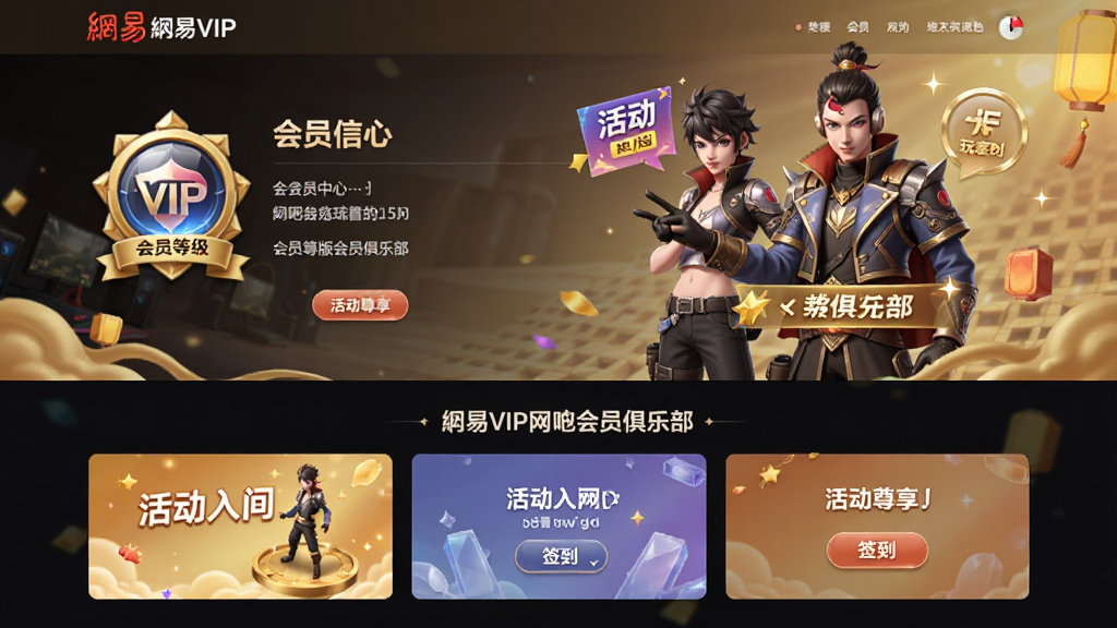 一张展示网易VIP网吧玩家版会员俱乐部联动功能的图片,主体为会员中心页面与游戏角色互动场景,布局为上下结构,排版上方为会员信息下方为活动入口,风格为会员尊享风,细节包括会员等级图标、活动横幅、签到按钮,画质清晰干净无多余元素