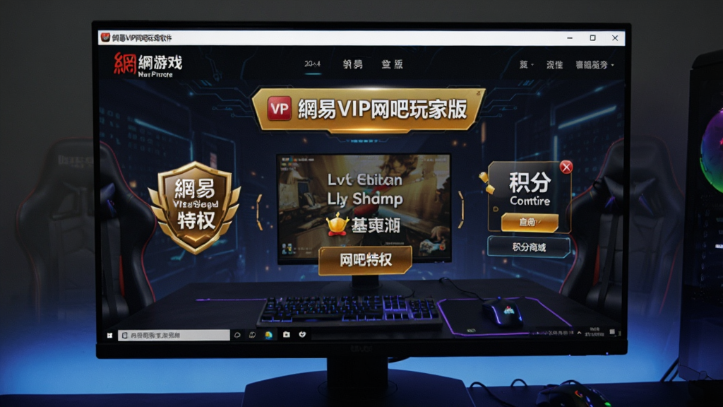 一张展示网易VIP网吧玩家版软件界面的图片,主体为电脑屏幕上显示网易VIP网吧玩家版主界面,布局为居中构图,排版为软件窗口置于画面中央,风格为科技感游戏风,细节包括界面上的网易游戏logo、网吧特权标识、积分商城入口按钮,画质清晰干净无多余元素