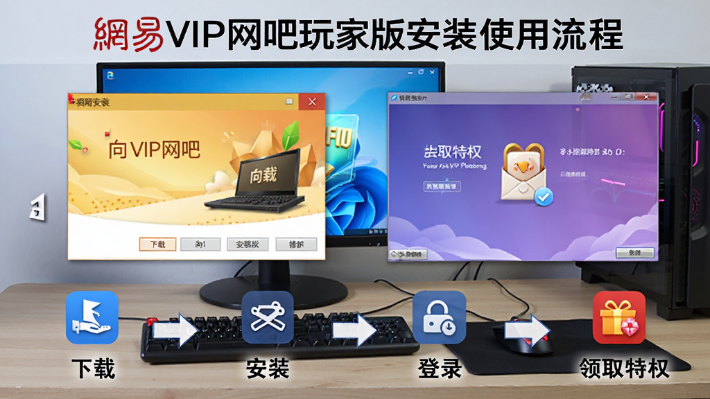 一张展示网易VIP网吧玩家版安装使用流程的图片,主体为电脑桌面上的安装向导与软件运行界面,布局为步骤流程图,排版从左到右依次为下载、安装、登录、领取特权,风格为教程示意风,细节包括箭头指引、步骤编号、软件图标,画质清晰干净无多余元素