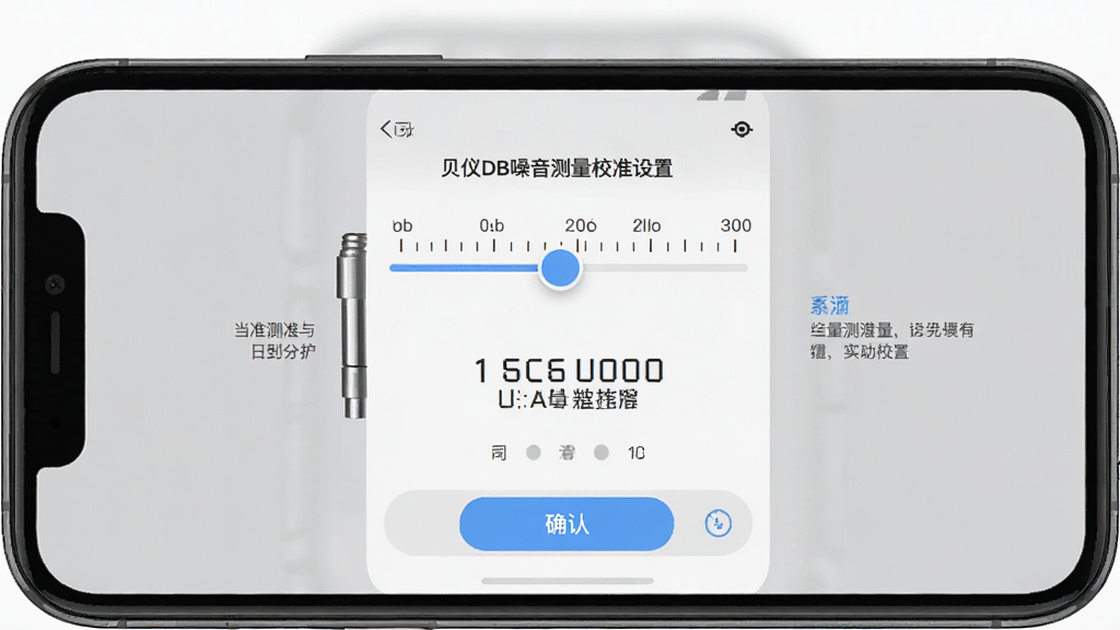分贝仪DB噪音测量校准设置页面,手机屏幕上显示一个滑块调节条和当前校准数值,旁边有说明文字,背景为简洁的灰色调,主体为手机屏幕居中,布局以上下结构为主,风格为工具类应用界面,细节包括滑块刻度、数值显示、确认按钮,画质高清,干净,无多余元素