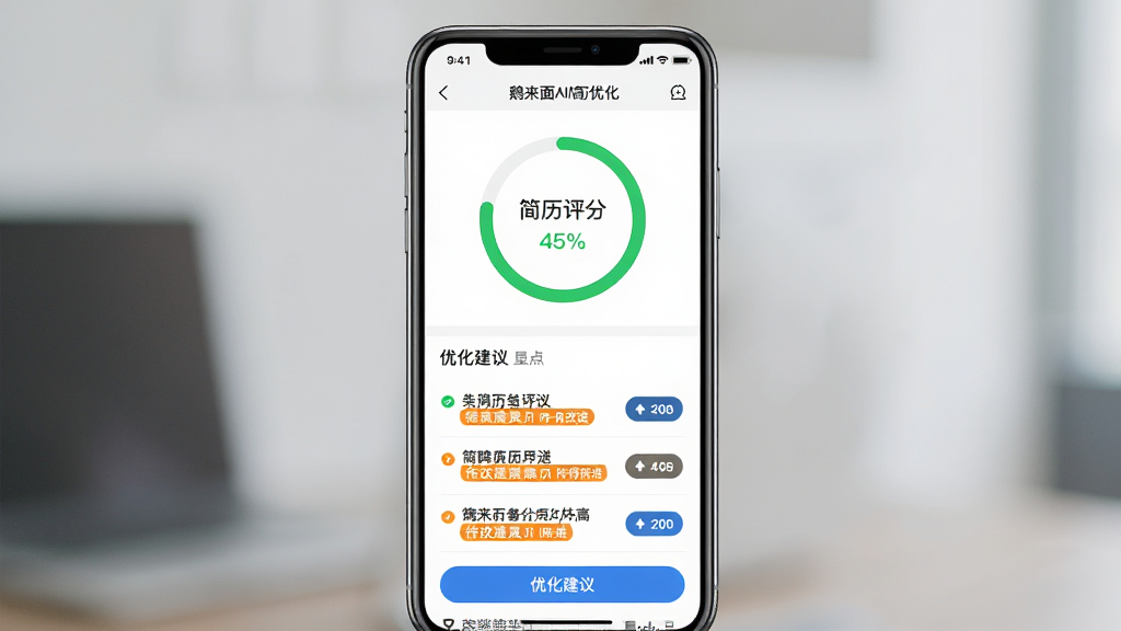 一张展示鹅来面AI简历优化功能的界面截图,主体为手机屏幕中的简历分析页面,布局为上方显示简历评分环形图,下方列出多条优化建议列表,排版为竖屏手机居中展示,风格为简洁商务扁平化,细节包括绿色评分高亮、橙色待改进提示、蓝色按钮,画质高清,干净,无多余元素