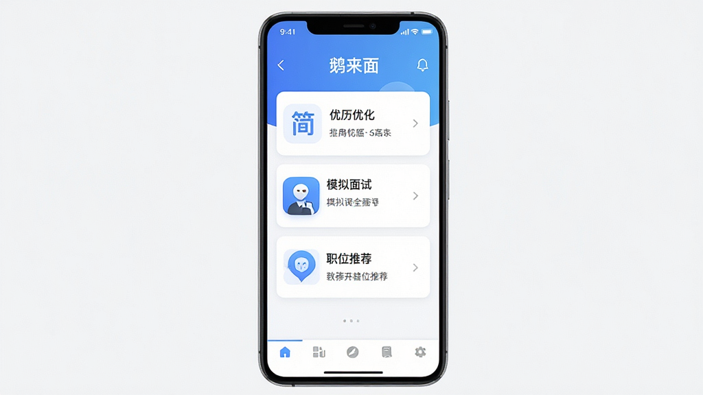 一张展示鹅来面AI求职应用核心界面的手机屏幕截图,主体为一部竖屏安卓手机,屏幕中央显示鹅来面APP的主界面,包含简历优化、模拟面试、职位推荐三大功能卡片,布局简洁清晰,排版为居中展示手机正面,风格为现代科技感扁平化设计,细节包括蓝白渐变配色、圆角图标、底部导航栏,画质高清,干净,无多余元素