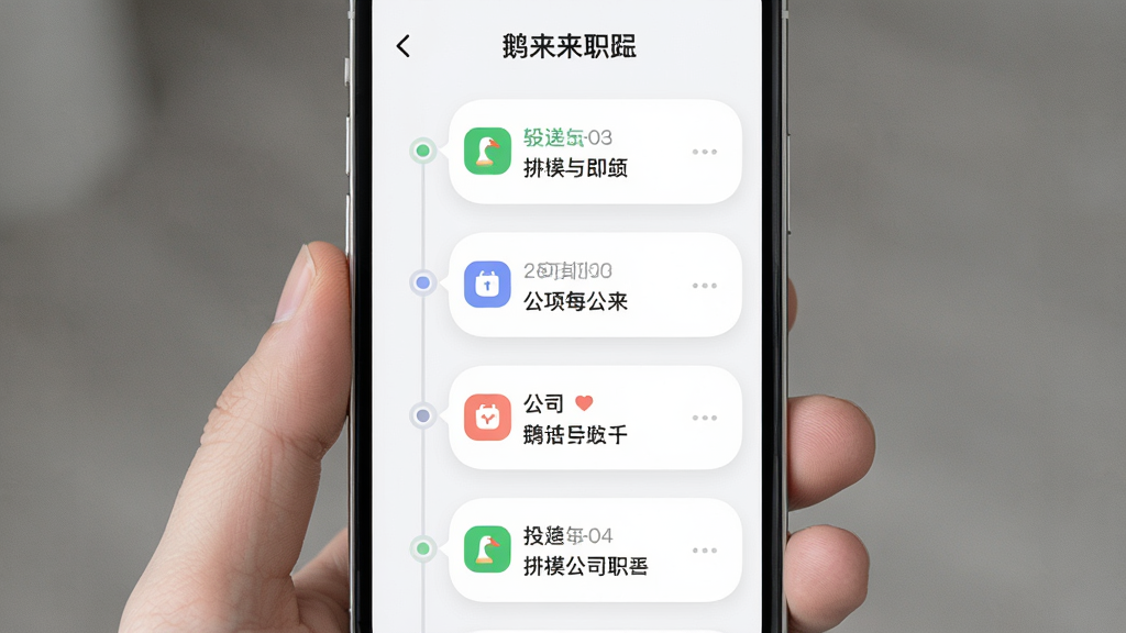 一张展示鹅来面求职进度跟踪功能的手机界面截图,主体为手机屏幕中的时间轴页面,布局为纵向时间轴排列,每个节点显示投递状态图标与文字说明,排版为竖屏居中展示,风格为柔和圆角卡片式设计,细节包括状态颜色区分、时间戳、公司名称,画质高清,干净,无多余元素
