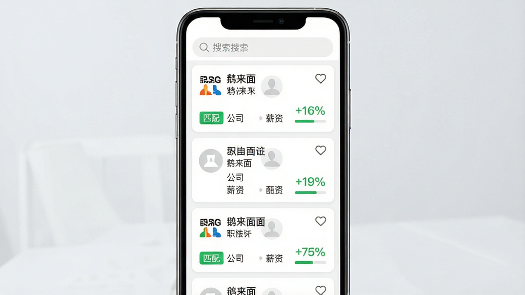 一张展示鹅来面职位推荐功能的手机界面截图,主体为手机屏幕中的职位列表页面,布局为顶部搜索栏,中间为职位卡片列表,每张卡片包含职位名称、公司、薪资、匹配度百分比,排版为竖屏居中展示,风格为清爽浅色商务风,细节包括匹配度绿色标签、公司Logo占位、收藏图标,画质高清,干净,无多余元素