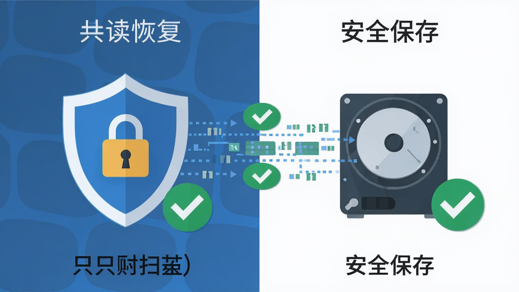 数据恢复专家安全只读模式示意插画,主体为软件盾牌图标与硬盘之间的数据流,布局为左右对比结构,左侧为只读扫描、右侧为安全保存,排版简洁,风格为扁平安全主题,细节包括盾牌、锁形图标、绿色对勾,画质高清,干净无多余元素
