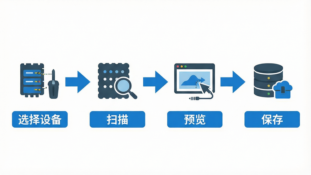 数据恢复专家使用步骤示意图,主体为四步操作流程图,布局为横向排列,第一步选择设备、第二步扫描、第三步预览、第四步保存,排版整齐,风格为扁平图标风,细节包括箭头连接、蓝色高亮、文字标签,画质高清,干净无多余元素