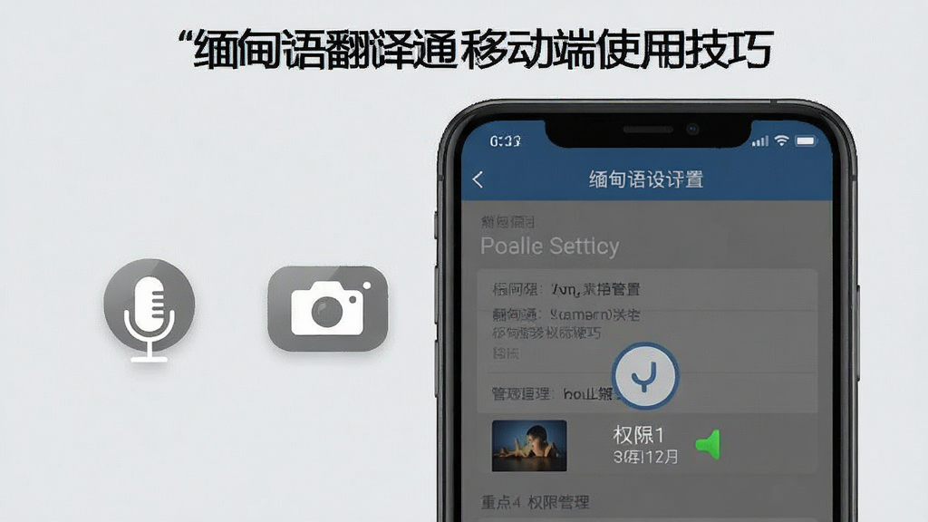 一张展示“缅甸语翻译通”移动端使用技巧的示意图,画面中一部手机显示权限设置页面,旁边有麦克风和相机图标,背景为浅灰色,风格简洁清晰,重点突出权限管理,画质干净,无多余元素