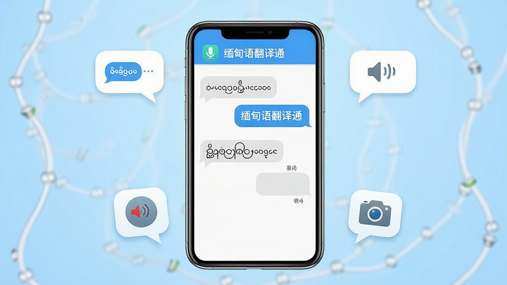 一张展示缅甸语翻译通软件界面的手机应用截图,画面中央是一部智能手机,屏幕上显示着中文与缅甸语互译的对话界面,顶部有应用名称“缅甸语翻译通”,背景为柔和的浅蓝色渐变,周围环绕着翻译气泡、语音图标和相机图标,整体风格简洁现代,细节清晰,画质干净,无多余元素