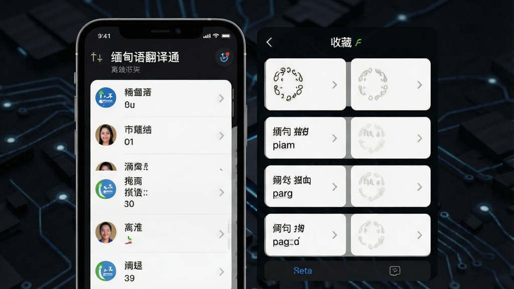 一张展示“缅甸语翻译通”离线翻译与收藏夹功能的界面图,手机屏幕左侧显示已下载的离线语言包列表,右侧展示收藏的常用短语卡片,背景为深色模式,整体布局清晰,风格科技感,画质干净,无多余元素