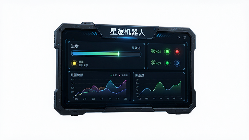 画面中央为一块悬浮的监控仪表盘,上方显示“星逻机器人”字样,仪表盘包含进度条、状态指示灯与数据曲线;背景为深色科技风格,排版居中,细节锐利,画质干净,无多余元素