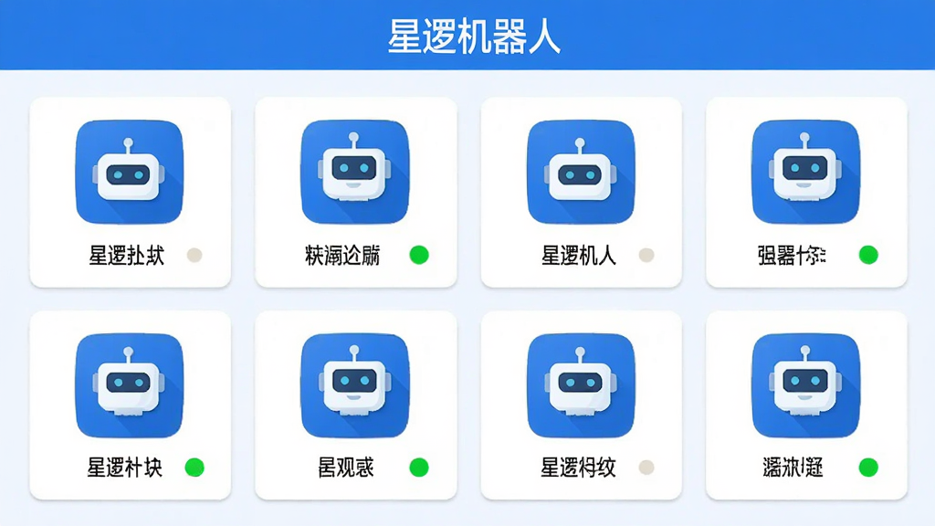 画面展示一个简洁的控制面板界面,上方标题为“星逻机器人”,下方排列多个设备卡片,每张卡片包含设备图标、名称与状态圆点;整体布局为两列网格,风格扁平化,配色以蓝白为主,细节干净,画质清晰,无多余元素
