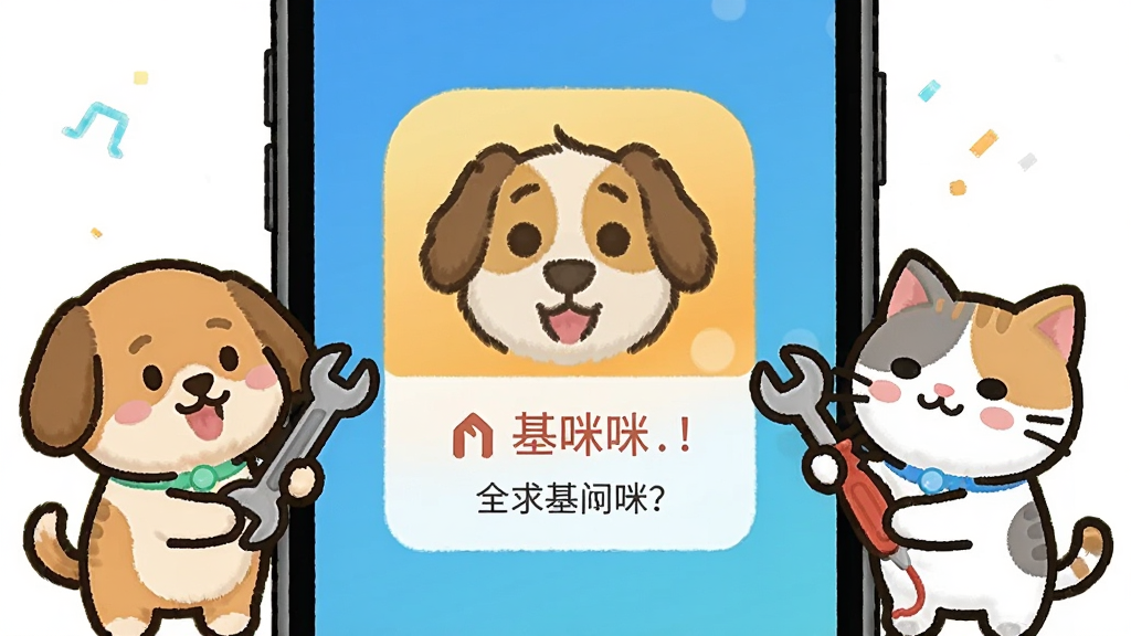 一部手机屏幕显示狗基咪应用出现错误提示,旁边有卡通狗狗和猫咪拿着工具修理手机,画面风格轻松幽默,色彩明快,构图简洁,画质清晰干净,无多余元素
