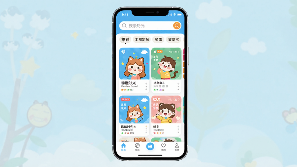 趣趣时光软件主界面全貌,画面中央展示手机屏幕,屏幕内是趣趣时光APP的首页,顶部有搜索栏和推荐标签,中部有卡片式内容展示,底部有导航栏,整体布局清晰,风格轻松活泼,色彩明快,细节丰富,画质高清,干净,无多余元素