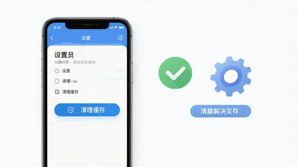 趣趣时光问题解决流程图,画面中手机屏幕显示设置界面和清理缓存按钮,旁边有对勾和齿轮图标,整体风格简洁实用,布局清晰,细节丰富,画质高清,干净,无多余元素