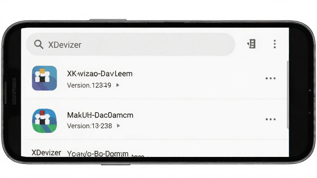 一张展示XDevizer应用调试辅助功能的AI生图,画面主体为一部安卓手机,手机屏幕上显示着XDevizer的应用列表页面,列表中每个应用条目旁边显示着包名和版本号信息,页面顶部有搜索框,整体风格为浅色简约风,排版清晰,画质干净