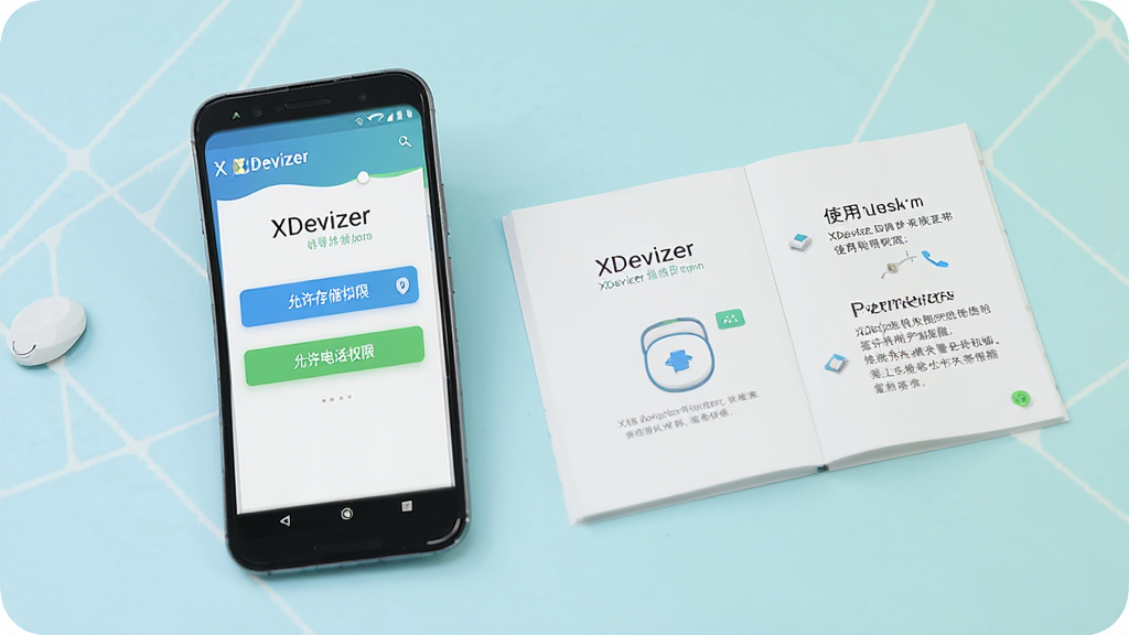 一张展示XDevizer使用指南的AI生图,画面主体为一部安卓手机,手机屏幕上显示着XDevizer的权限设置引导页面,页面上有