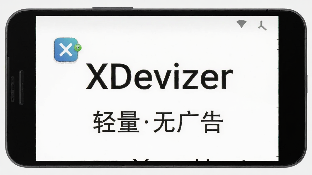 一张展示XDevizer轻量无广告特点的AI生图,画面主体为一部安卓手机,手机屏幕上显示着XDevizer的关于页面,页面上写着