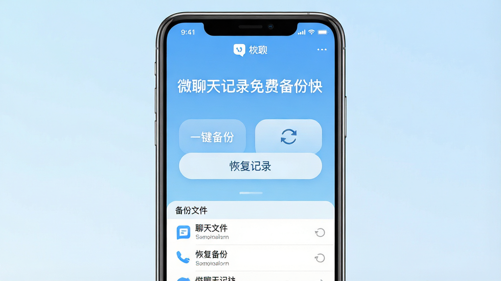 一张展示智能手机屏幕的界面图,屏幕中央显示“微聊天记录免费备份快”软件的主界面,界面布局清晰,顶部有软件名称标题,中部有“一键备份”和“恢复记录”两个大按钮,底部显示备份文件列表,背景为浅蓝色渐变,风格简洁现代,画质高清,干净无多余元素