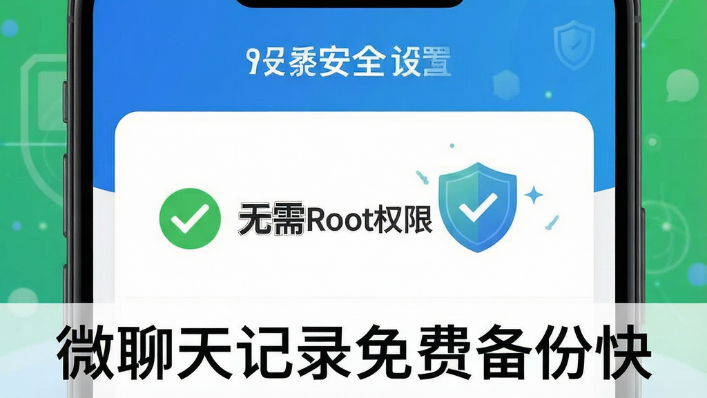 一张展示手机安全设置界面的示意图,屏幕上有“无需Root权限”的绿色对勾标识,旁边有盾牌图标,底部有“微聊天记录免费备份快”字样,风格为安全防护主题,色调以蓝色和绿色为主,画质清晰,干净无多余元素