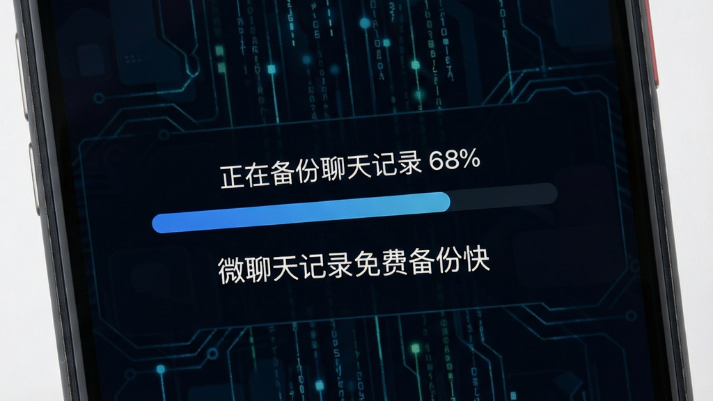 一张展示手机正在执行备份任务的界面截图,屏幕中央有进度条显示“正在备份聊天记录 68%”,进度条下方有文字“微聊天记录免费备份快”,背景为深色科技风格,有数据流线条装饰,画质清晰,干净无多余元素