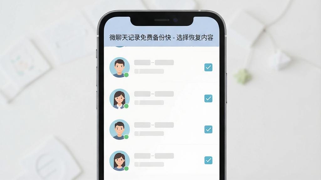 一张展示手机屏幕上显示聊天记录恢复选项的界面图,屏幕上有多个联系人头像和复选框,顶部标题为“微聊天记录免费备份快 - 选择恢复内容”,风格为扁平化设计,色调柔和,画质高清,干净无多余元素