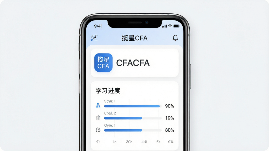 一张手机屏幕展示“揽星CFA”学习应用界面的预览图,主体为居中放置的智能手机,屏幕内显示金融考试题库与学习进度图表,布局简洁,排版清晰,风格现代简约,细节包含蓝色主色调图标与文字“揽星CFA”,画质高清,干净,无多余元素