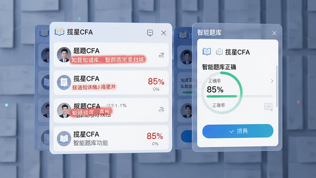 一张展示“揽星CFA”智能题库功能的AI生图,主体为悬浮在空中的多层知识卡片与答题界面,布局采用左右分栏,排版左侧为题目列表右侧为答题卡,风格科技感与教育感结合,细节包含错题红色标注与正确率百分比数字“85%”,画质高清,干净,无多余元素